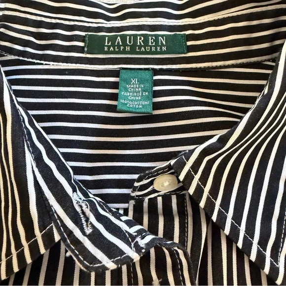 Ralph Lauren Women’s Black White Striped Long Sleeve Button Up Shirt Size XL - Picture 6 of 9